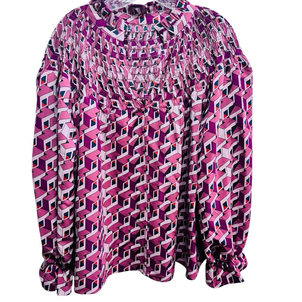 Eloquii Women's Plus Sz 18/20 Smocked Blouse Pink Geometric Print NWT
